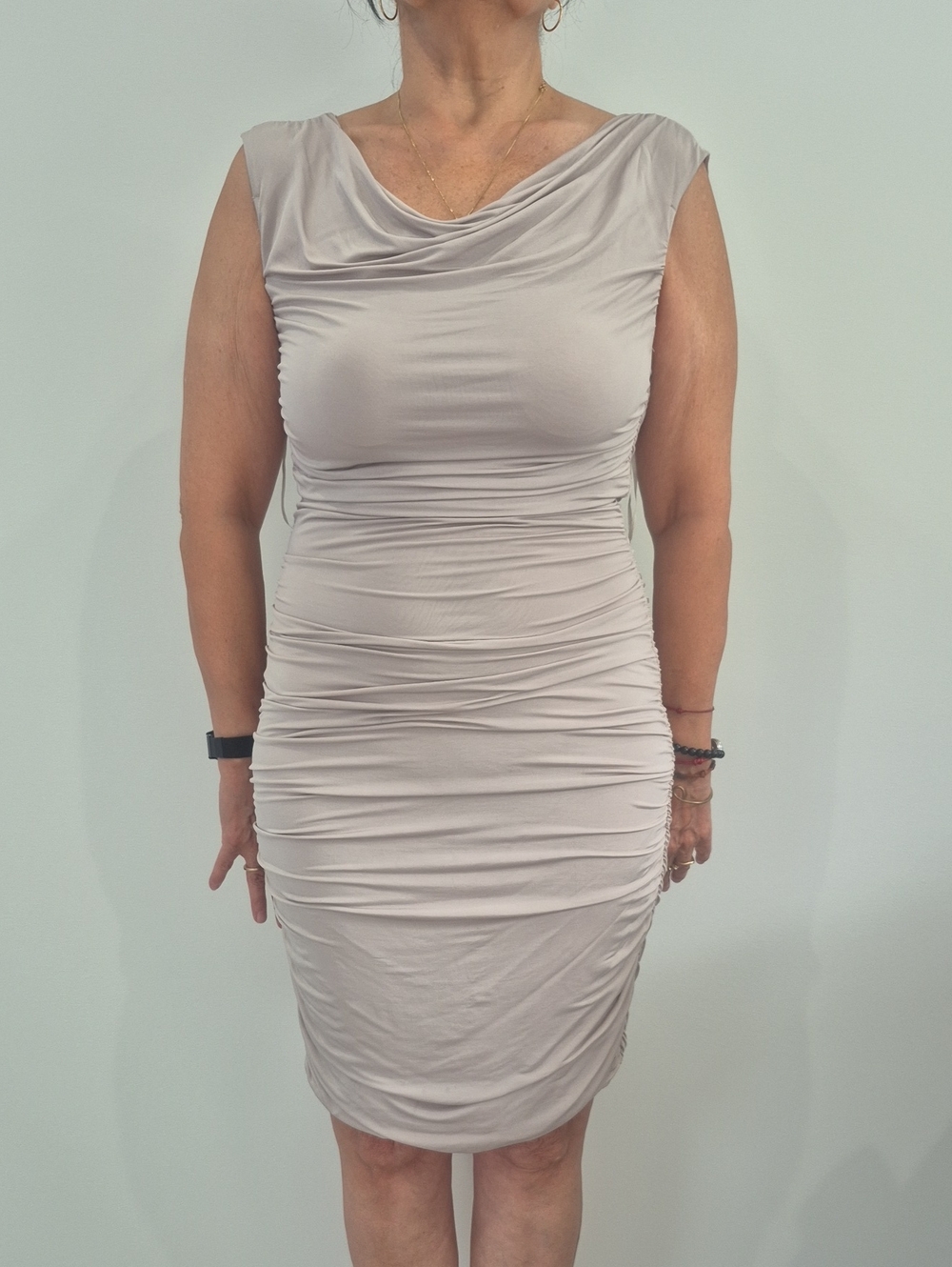 H&M Sleeveless Ruched Midi Dress in Light Taupe